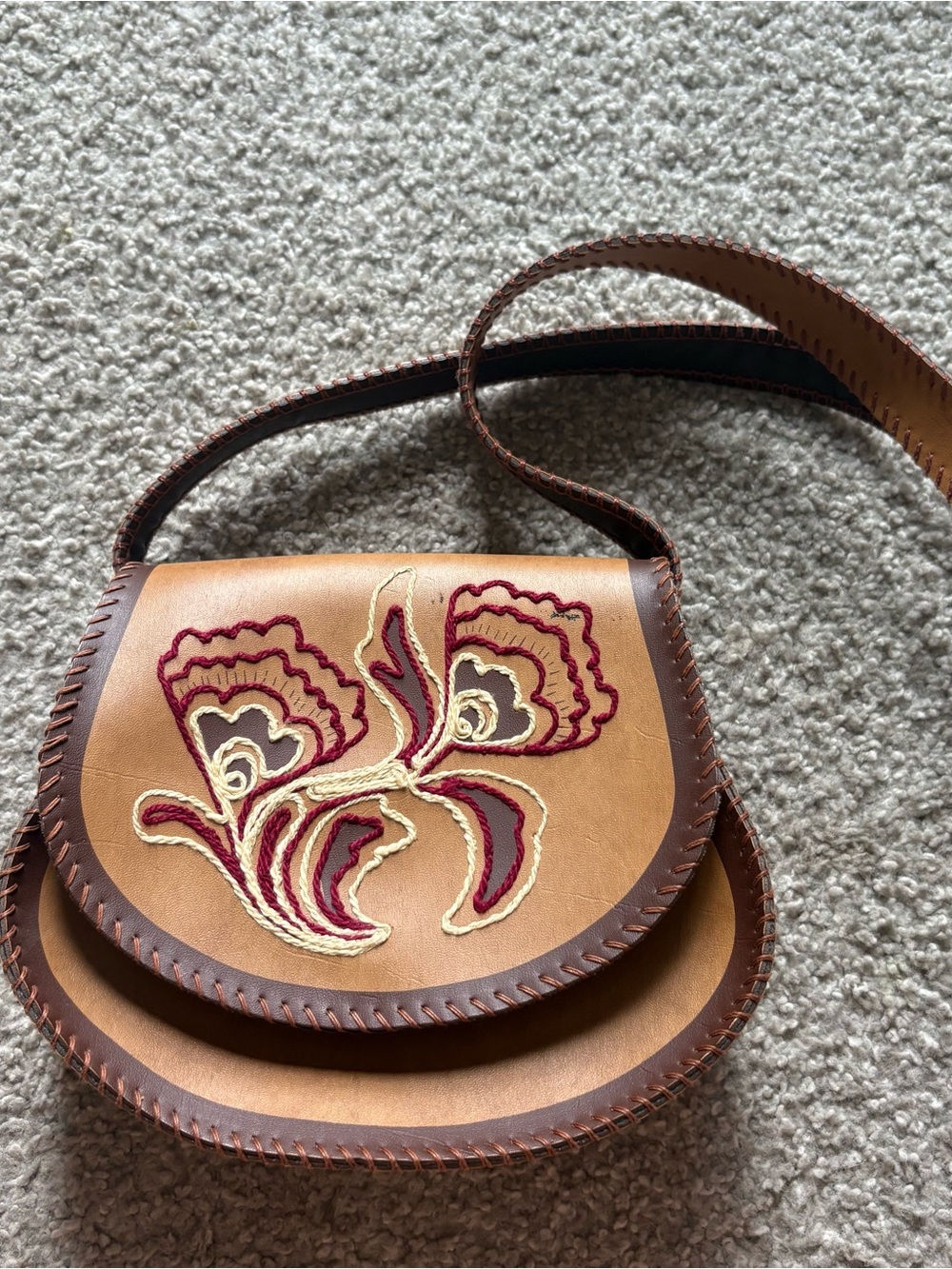 Vintage Hand Made Leather Satchel Bag Purse Brown Yarn Detail